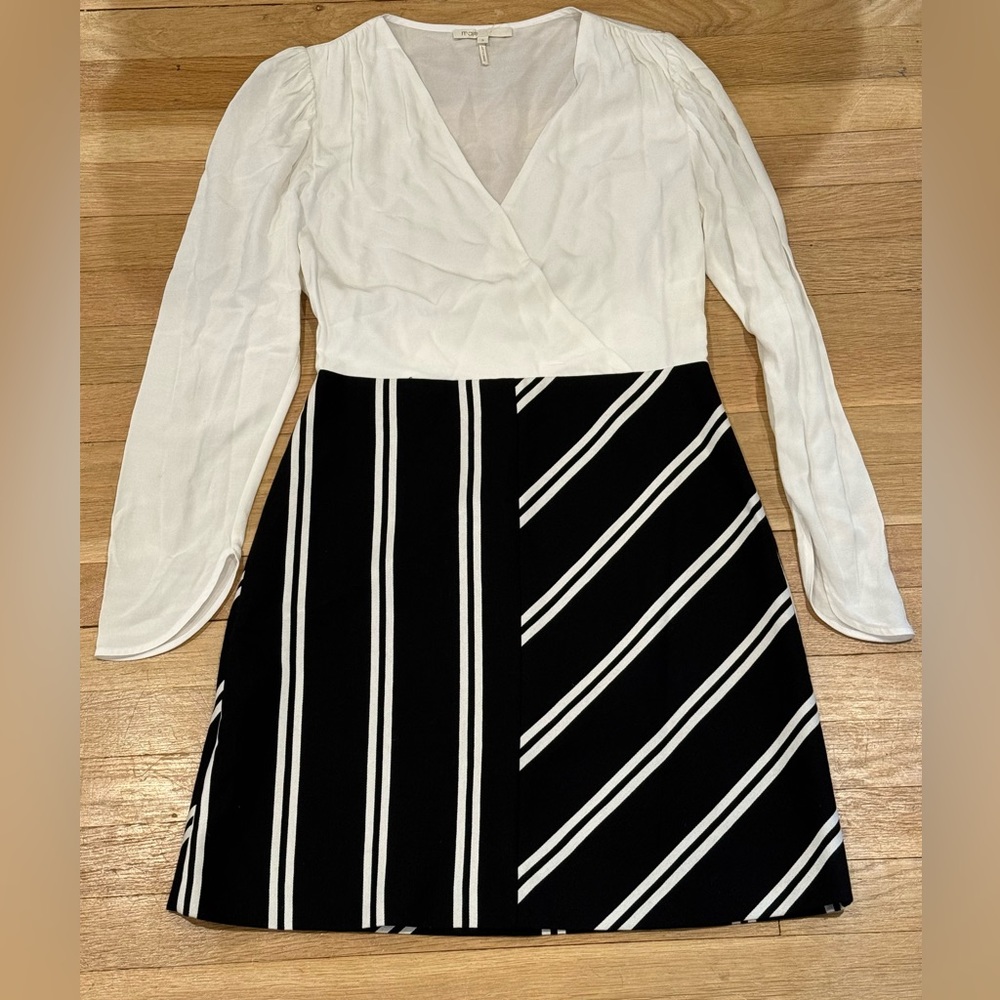 Maje Rolim Blanc Casse Robe Black White V-Neck Dress Sz 3 Large